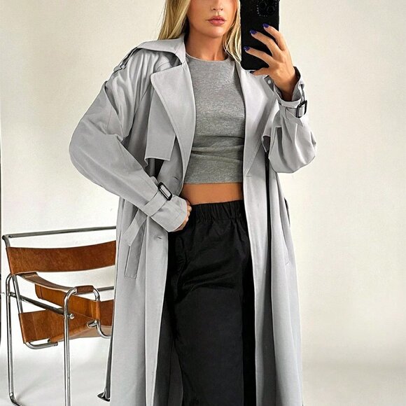 Grey Casual Womens Lapel Neck Raglan Sleeve Belted Trench Coat - Picture 4 of 4